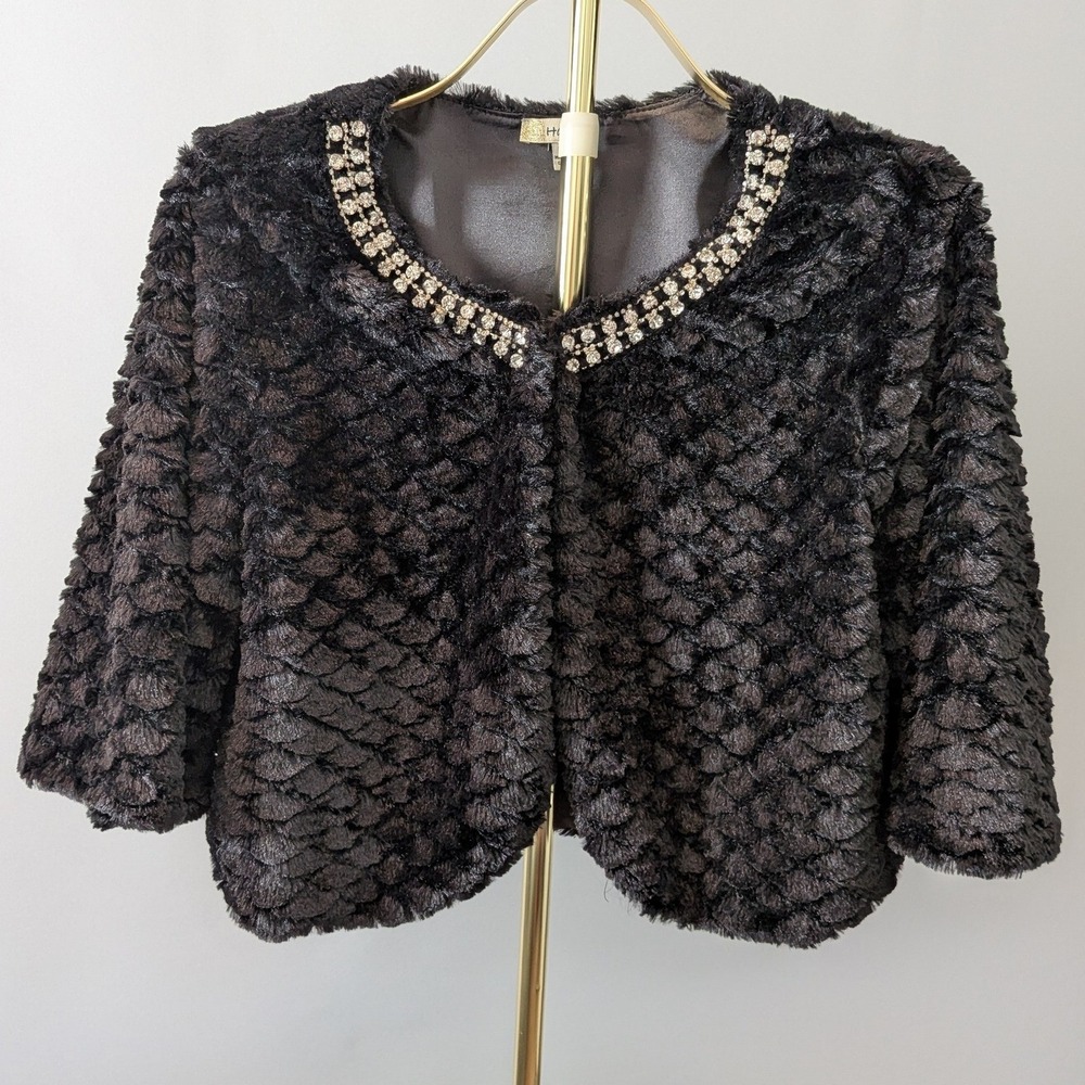 Haani Faux Fur Jacket Women XL Rhinestone Embellished Cropped Bolero Shrug